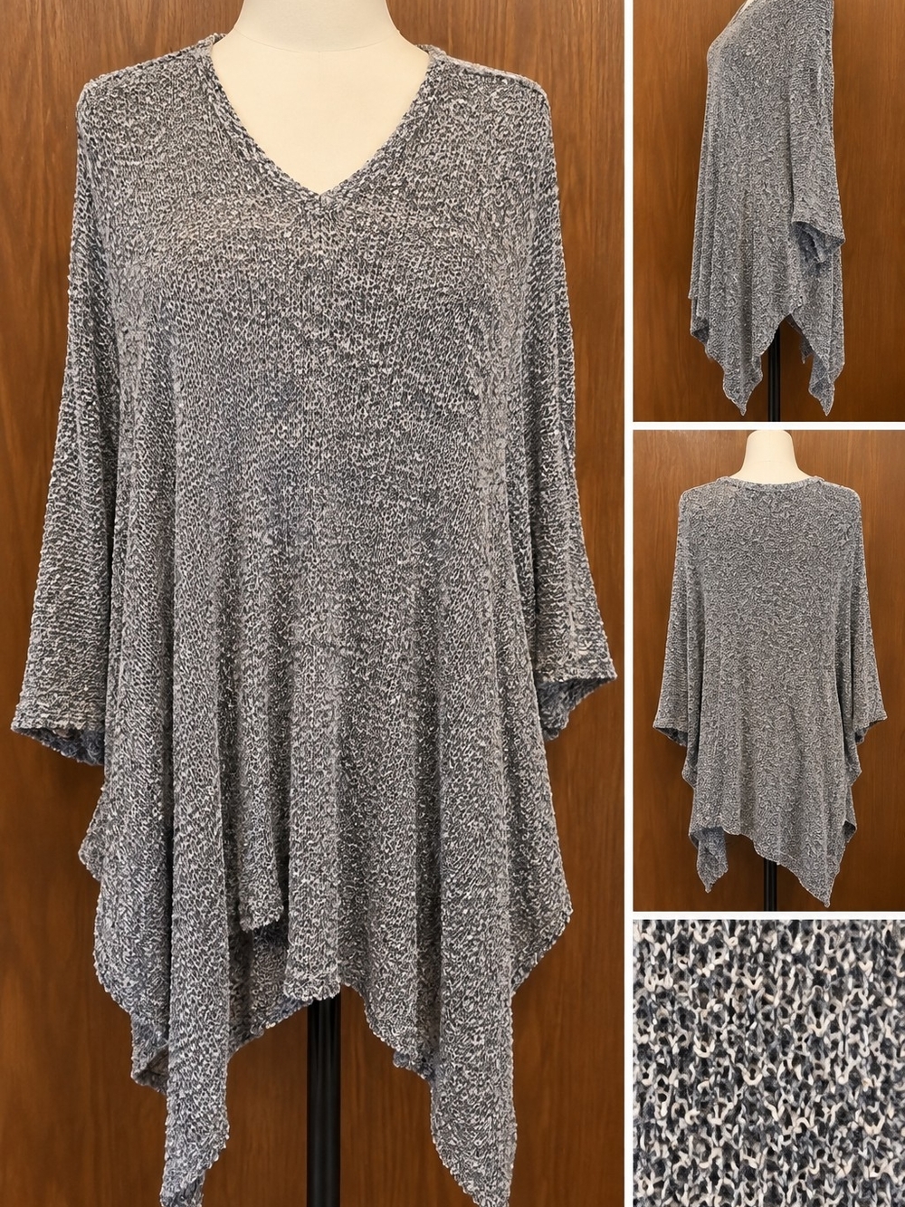 Relaxed Grey Knit V-Neck Handkerchief Hem Tunic